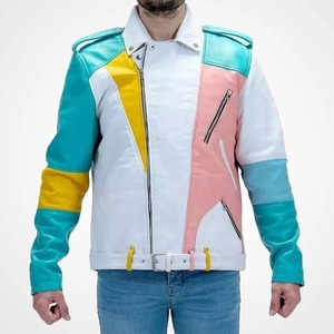 เสื้อแจ็คเก็ตมอเตอร์ไซค์ผู้ชายหลากสีพาสเทล ทำจากหนังแท้ - Product Image 3