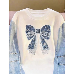 Custom Luxury Women's Vintage Denim Patchwork Sleeved Hoodies Oversized Cotton/Blend <b>Jacket</b> <b>Rhinestone</b> Pullover Double Hooded - Product Image 3