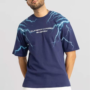 Camiseta de Manga Corta con Cuello Redondo Azul Marino para Hombre, con Estampado de Rayos, Corte Holgado, Diseño Urbano, Logotipo Frontal - Product Image 3