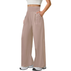 Pantalon plissé décontracté pour femme, taille haute, coupe large, couleur unie, taille élastique, ample, longueur complète, avec poches - Product Image 3