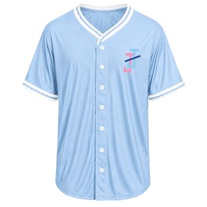 Camiseta de Béisbol Azul Claro para Mujer, con Botones al Frente, Manga Corta, Cuello en V, con Ribete Blanco y Rosa, Bordada para Deportes de Equipo - Product Image 1