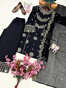 Conjunto de Fiesta Tradicional Indio-Pakistaní para Mujer, Color Negro, Bordado con Hilo Dorado, Largo Midi, Corte Regular, Elástico - Product Image 4