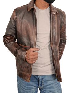 Made to Measure Genuine Leather Men's Winter Vintage Brown Bomber Jacket <b>Stand</b> Collar Eco-Friendly Waterproof Reversible - Product Image 4