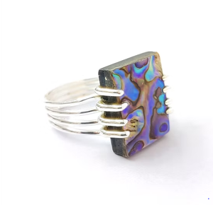Artisan <b>Abalone</b> <b>Shell</b> Ring Solid 925 Silver Modern Square Claw Prong Multi Wire Band Bold Jewelry Unique Gift - Product Image 2