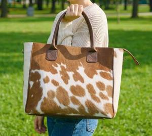 Sac fourre-tout en cuir véritable de vachette à poils, fermeture éclair, broderie, couleur unie - Sac à bandoulière de créateur pour femme LHTB-0025 - Product Image 6