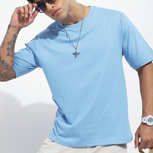 T-shirt en coton bleu clair pour homme, coupe classique, manches courtes, col rond, style décontracté, couleur unie, tricot jersey, teinture unie - Product Image 3