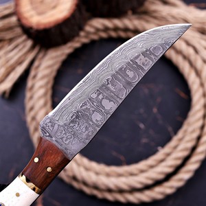 Couteau Bowie à lame fixe en acier Damas fait main, pour la chasse, le bushcraft, le camping et l'EDC, manche en os et bois de rose, fabricant direct. - Product Image 4