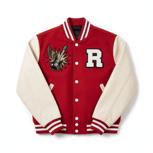 แจ็คเก็ตวาร์ซิตี้สีแดงร็อคสตาร์ระดับพรีเมียม - ผ้าขนสัตว์และหนังคุณภาพสูง สตรีทแวร์ MOQ ต่ำ - Product Image 1