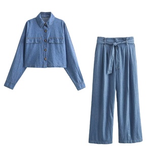 Womens Vintage Denim Jacket Pant Sets Single Breasted Lapel Long Sleeve Coat Wide Leg Trousers Jeans <b>High</b> Street Outfits - Product Image 1