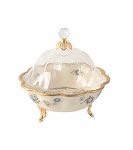 Plateau de service avec couvercle transparent en porcelaine fine, de haute qualité, aspect moderne et luxueux, avec supports dorés - Product Image 1