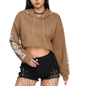 Custom Women Brown Cropped Hoodie Gothic Letter Print Sleeve <b>Long</b> Sleeve Vintage Y2K Streetwear Crop Pullover <b>Sweatshirt</b> - Product Image 3