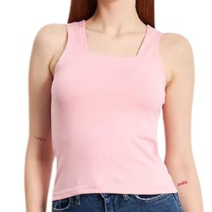 Camiseta sin mangas con cuello cuadrado rosa para mujer, de color sólido, de algodón tejido, informal, transpirable, de longitud regular - Product Image 2