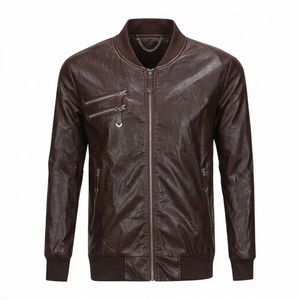 Blouson Bomber Homme Personnalisé en Cuir PU Noir Col Montant Style Moto Couleur Unie Décontracté Automne Vente en Gros - Product Image 4