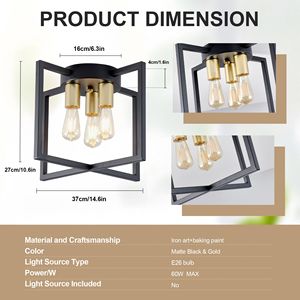 Lampadario a 3 Luci Semi-Incasso Nero e Oro con Paralume Geometrico in Metallo, Stile Industriale Rustico, Luce da Soffitto 6000K AC - Product Image 6