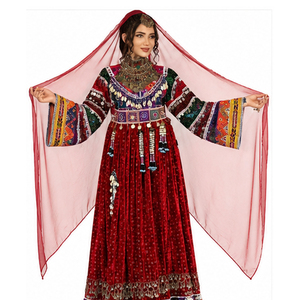 Vestido Afgano Kuchi Hecho a Mano, Étnico, Tribal, Tradicional, con Encaje Bordado, Transpirable, Teñido Liso, de Cachemira y Chifón - Product Image 3