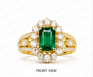 Magnificent <b>statement</b> <b>ring</b> in 18K yellow gold with emerald cut green center stone halo of round diamonds and intricate shank det - Product Image 6