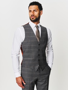 Costume 3 pièces gris à carreaux pour homme, style britannique, simple boutonnage, mélange de laine, col cranté, braguette boutonnée, coupe classique - Product Image 5
