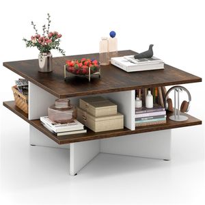 Tavolino in Vetro a 4 Scomparti con Struttura in Pietra Sinterizzata Resistente e Piano in Legno - Product Image 3
