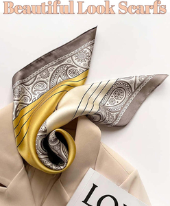 Élégant foulard carré pour femme 100% soie avec motif cachemire gris et jaune, accessoire de mode multifonctionnel toutes saisons - Product Image 2