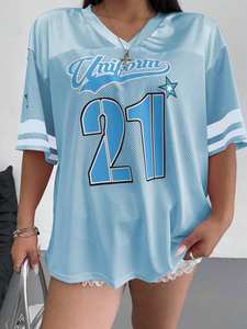 เสื้อฟุตบอลคอวีเบอร์ 21 แบบตาข่ายทรงโอเวอร์ไซส์สำหรับทุกเพศ ผลิตตามสั่ง ระบายอากาศได้ดี ชุดกีฬา ผู้ผลิตขายส่งแบบ OEM - Product Image 4