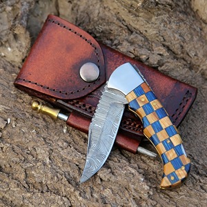 Handmade Damascus Pocket <b>Knife</b> 3in Back Lock Clip Point Serrated Edge <b>Folding</b> Olive Blue Wood Handle Birthday Groomsmen - Product Image 2