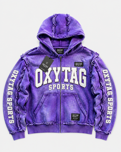 Sudadera con capucha morada de cierre de cremallera para hombre, de peso pesado, con lavado ácido, efecto desgastado, borde sin rematar, estilo streetwear, con apliques y estampado en relieve, de fabricante personalizado - Product Image 1
