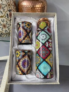 Designer Eco-Friendly <b>Double</b> <b>Wall</b> Copper Water Bottle with Glass Set Bohemian Design Insulated Metal Drinkware for Indoor Use - Product Image 1
