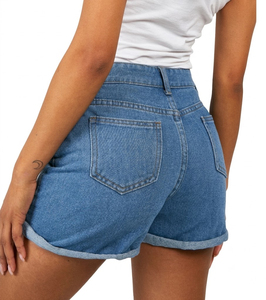 Shorts de mezclilla de cintura alta elásticos para mujer 2026, shorts azules de mezclilla con dobladillo plegado, shorts de mezclilla para mujer - Product Image 4