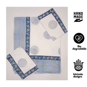 Premium Knnotted Earth White Blue Floral Jaipuri Indian Hand <b>Block</b> Printed 100% Cotton 3-Piece Classic Bedsheet Set All Season - Product Image 2