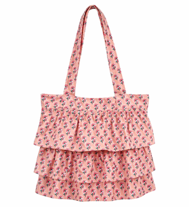 Blush Pink Floral Print Tiered Ruffle Cotton Tote Bag with <b>Shoulder</b> <b>Straps</b> Lightweight Handmade Eco-friendly Travel Shopping Bag - Product Image 1