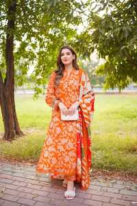 Salwar Kameez en coton à motifs floraux orange pour femme, coupe ample, longueur genou, tenue ethnique traditionnelle Inde Pakistan, décontracté, pour fêtes, livraison rapide - Product Image 5
