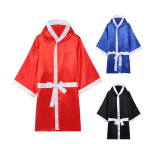 PROFIT SPORTS Robe à capuche en satin rouge, bleu et noir avec ceinture à bordure blanche, pour l'entraînement aux arts martiaux, toutes saisons, respirante, en polyester - Product Image 1