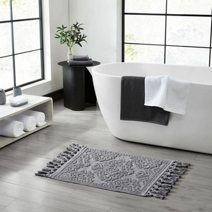 Tapis de bain rectangulaire gris moderne à motif médaillon, en coton tufté, antidérapant avec dos en caoutchouc, tapis de salle de bain moelleux pour usage domestique - Product Image 4