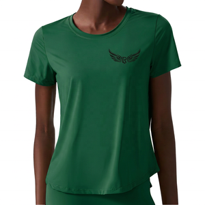 Camiseta Deportiva de Yoga para Mujer, Cuello Redondo, Manga Corta, Color Verde Oliva, Logotipo Bordado, Transpirable, Corte Regular, Color Sólido - Product Image 5