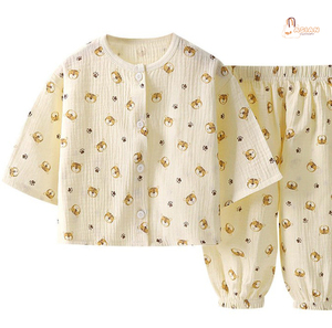 Ensemble de pyjamas en coton gaufré pour enfants, manches courtes, imprimé dessin animé, vêtements de nuit respirants pour garçons et filles de 3 à 14 ans - Product Image 4