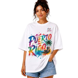 Camiseta Blanca Extra Grande Personalizada para Mujer con Estampado Gráfico de Puerto Rico, Logotipo Personalizado, Informal, de Algodón, para Verano, Estilo Urbano, OEM, ODM, Venta al Por Mayor - Product Image 1