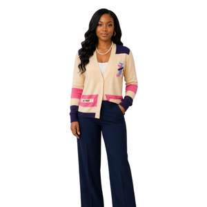 Cardigan style universitaire blanc, rose et violet pour femme, boutonné sur le devant, en maille, à manches longues, décontracté, mode preppy, vêtement d'extérieur - Product Image 1