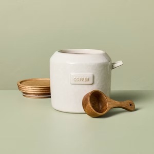 Boîte à café vintage en céramique avec couvercle en bois et cuillère incluse, pot de conservation hermétique, garde-frais, organisateur de comptoir de cuisine - Product Image 3