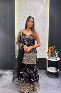 Ensemble Salwar Kameez brodé de fleurs noires pour femmes, tenue indienne pakistanaise, robe de fête, robe de réception de mariage - Product Image 2