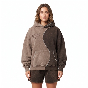 Sudadera con Capucha para Mujer, Dos Tonos, con Pedrería, Lavado Ácido, Felpa de Algodón, Corte Holgado, Hombros Caídos, Bordado, Logotipo Personalizado - Product Image 1