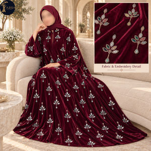 Tela de Terciopelo Color Borgoña Rubí con Adornos Florales de Cuentas y Joyas |   Motivos de Hojas Multicolores Dispersos para Prendas Textiles Elegantes como Abayas - Product Image 3