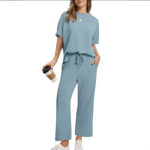 Women's Light Blue 2-Piece <b>Knitted</b> <b>Set</b> Hooded Full-Length Top Drawstring Pants Casual Regular Fit Full Sleeve Winter Wear - Product Image 1