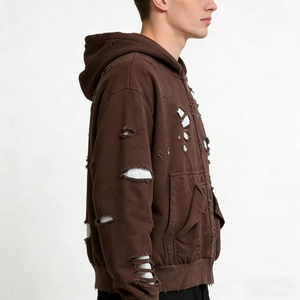 Sweat à capuche gaufré double couche pour homme, en coton déchiré, délavé à l'acide, avec fermeture éclair et effet vieilli, style streetwear - Product Image 3
