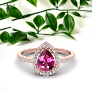 Produits phares : Bague halo en grenat rhodolite taille poire 8x6mm en or massif 14 carats, or rose, bague de fiançailles, cadeau pour Noël - Product Image 2