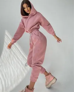 Ensemble de survêtement à capuche uni pour femme, manches longues, pantalon à cordon de serrage, coupe décontractée, vêtement d'automne, 100 % coton, design respirant - Product Image 2