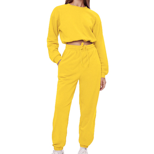 <b>Women's</b> <b>Yellow</b> 2-Piece Hip Hop Casual Set Full Sleeve Hooded Crop <b>Top</b> Jogger Pants Solid Color Knitted Cotton Regular Breathable - Product Image 1