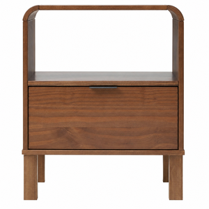 Vitrina de Noche de Madera de Teca Esculpida con Cajón Interior sin Tiradores y Pedestal de Suelo Equilibrado - Product Image 1