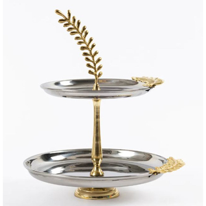 Support à gâteau décoratif à 2 niveaux en métal, élégant, rond, en acier inoxydable et en laiton, avec accent feuille d'or, pour la maison et l'hôtel - Product Image 1