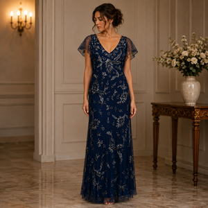 Women Navy Blue Floral <b>Sequin</b> Maxi Dress V Neck Sheer Flutter Sleeve Embellished Evening Gown Wedding Party Prom Formal Elegant - Product Image 3