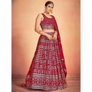 Beautiful <b>Red</b> <b>Sequins</b> Georgette Wedding Wear Lehenga Choli With Dupatta - Product Image 4